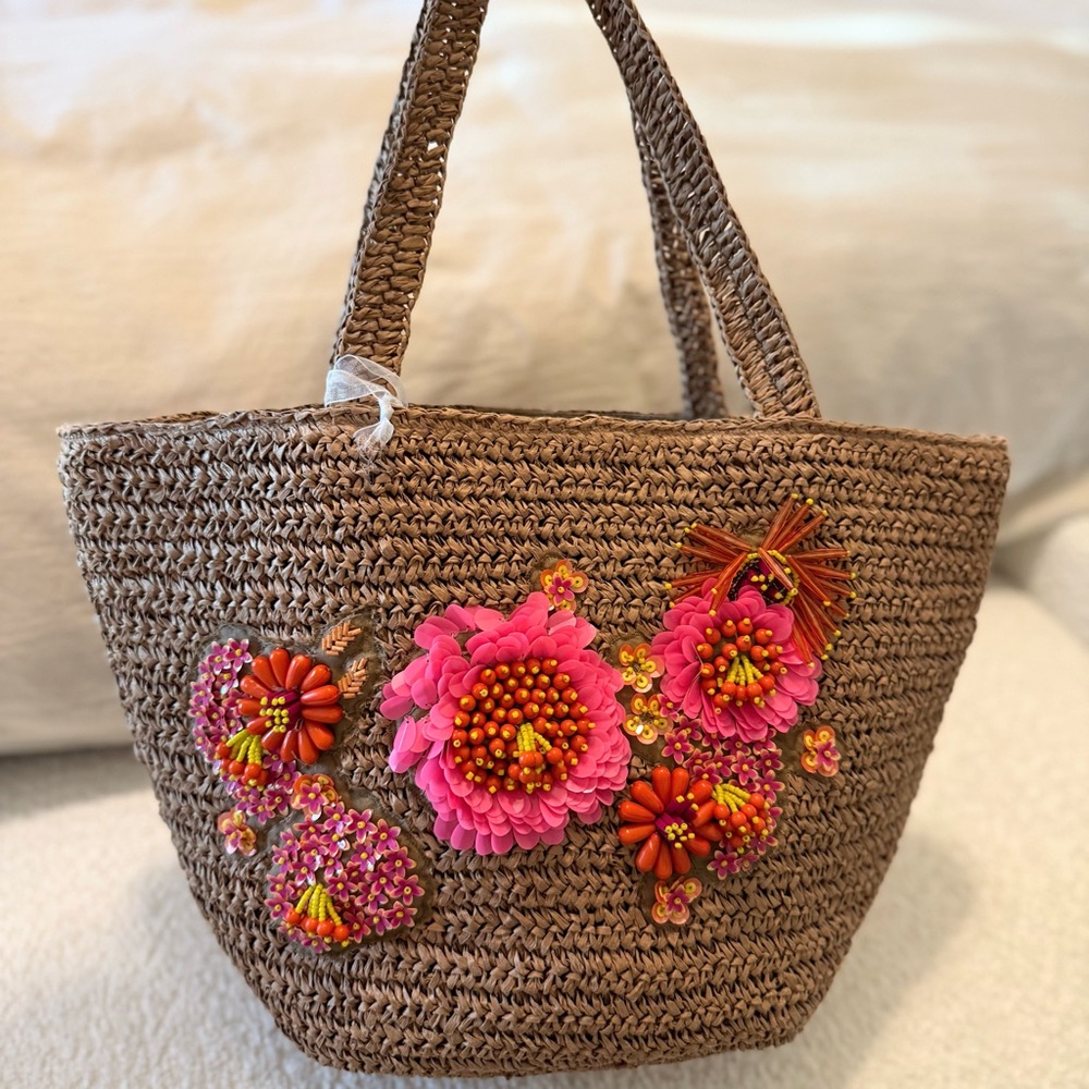NWT Floral Beaded Brown Woven Beach Tote Bag